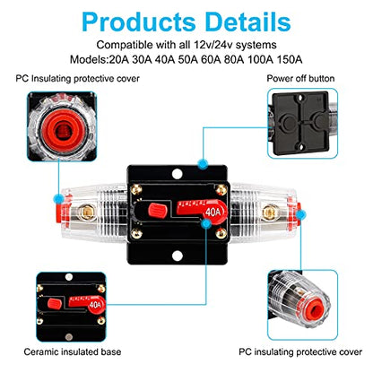 40 Amp Fuse Holders,Audio Circuit Breaker,Reset Fuse Inverter 20A 30A 40A 50A 60A 80A 100A 150A 12V-24V DC Replace Fuses for Car Audio and Amps Overload Protection - color: 40A