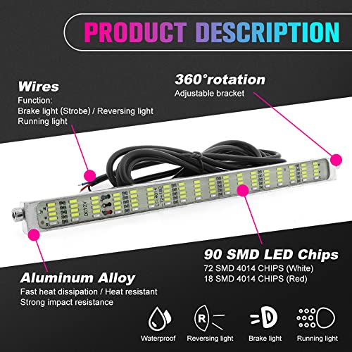 Double Colors LED License Plate Light 90 SMD Chips 2-in-1 Fuction Brake Light Reversing Light for Car SUV Truck,Motorcycle,Waterproof,DC12V.1-Pack.(White + Red - Flash)