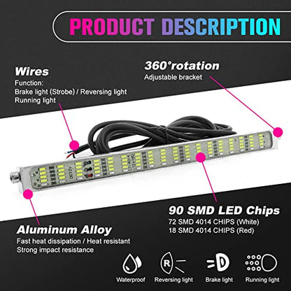 Double Colors LED License Plate Light 90 SMD Chips 2-in-1 Fuction Brake Light Reversing Light for Car SUV Truck,Motorcycle,Waterproof,DC12V.1-Pack.(White + Red - Flash)