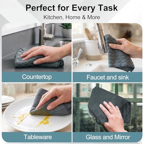 6 Pack Microfiber Cleaning Cloths, 12 x 12 Inch Dual-Sided Reusable Dish Towels, Soft & Textured All-Purpose Cleaning Rags for Kitchen, Home, Car, Lint-Free Washable Cleaning Cloths, Grey
