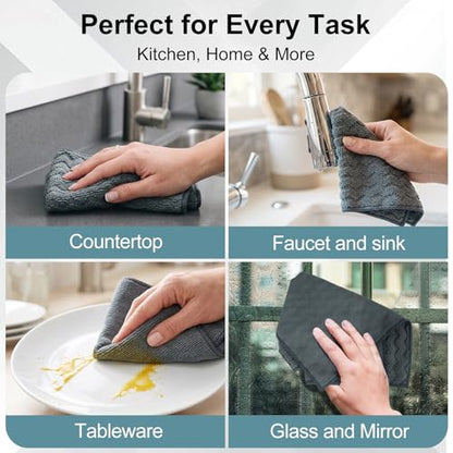 6 Pack Microfiber Cleaning Cloths, 12 x 12 Inch Dual-Sided Reusable Dish Towels, Soft & Textured All-Purpose Cleaning Rags for Kitchen, Home, Car, Lint-Free Washable Cleaning Cloths, Grey