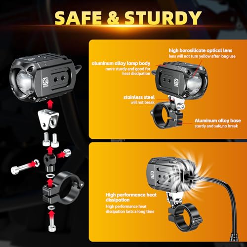 Kewig Motorcycle Auxiliary LED Light Kit Driving Spotlights White/Amber Fog Light with Mount Brackets Wire Harness Waterproof 60W Offroad Work Lights Compatible with Motorcycle J-eep Car Truck (Black) - color: Black