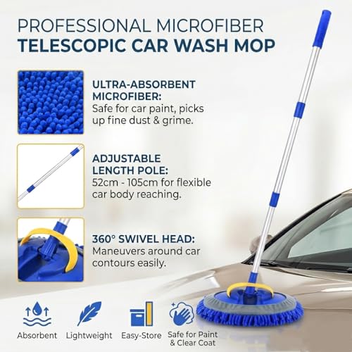41" Car Wash Brush Kit Mitt Mop Sponge, Car Washing Mop with Scalable Long Handle, Chenille Microfiber Car Cleaning Brush Kit, Supplies Kit Car Care Kit of Scratch-Free for Car RV Truck Boat