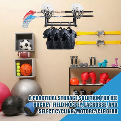 18.1 x 14.2 x 11.2 Inches Hockey Gear Drying Rack Wall Mount Ice Hockey Stick Holder with 4 Hooks and 4 Clips Metal Equipment Dryer Display Storage Organizer for Lacrosse