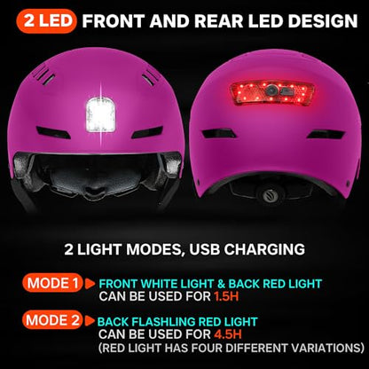 DKONI Bike Helmet with LED Lights Bicycle Helmets Commuter Cycling Helmet USB Rechargeable Front & Back LED Light Helmet for Adult Men Women - color: Pink, size: Medium: 20.5-22.5inch (52-58cm)