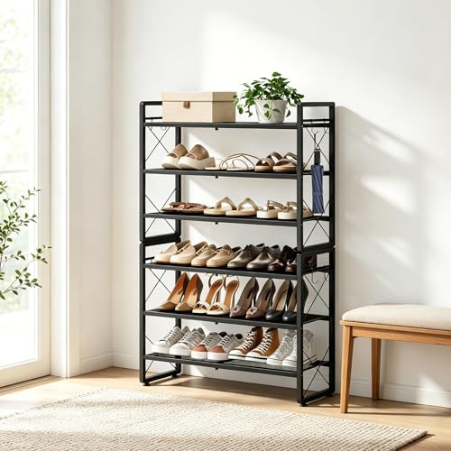 ELYKEN Shoe Rack, 6-Tier Expandable Shoe Organizer for Entryway, Metal Black Shoe Shelf with 8 Hooks, Ajustable Shoe Stand Holder for Closet, Garage, Door Entrance - size: 6-Tier