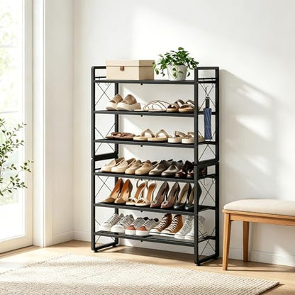 ELYKEN Shoe Rack, 6-Tier Expandable Shoe Organizer for Entryway, Metal Black Shoe Shelf with 8 Hooks, Ajustable Shoe Stand Holder for Closet, Garage, Door Entrance - size: 6-Tier