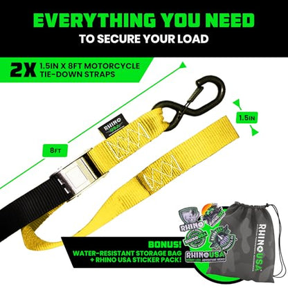 Rhino USA Motorcycle Tie Down Straps (2 Pack) Lab Inspected 2,200lb Break Strength, Steel Cambuckle Tiedown Set with Integrated Soft Loops - Better Than a Ratchet Strap (YLW 2-Pack) - color: Black