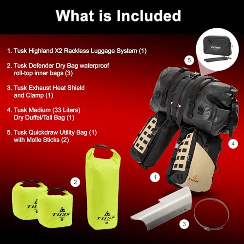 TUSK Highland X2 Rackless Luggage System w/Medium Dry Duffel Tail Bag Compatible with KTM/Husky 690-701 Heat Shield Black/Tan - color: Black/Tan, size: Medium Dry Duffel/Tail Bag, style: Ktm/Husky 690-701 Heat Shield
