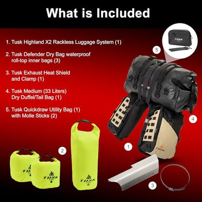 TUSK Highland X2 Rackless Luggage System w/Medium Dry Duffel Tail Bag Compatible with KTM/Husky 690-701 Heat Shield Black/Tan - color: Black/Tan, size: Medium Dry Duffel/Tail Bag, style: Ktm/Husky 690-701 Heat Shield