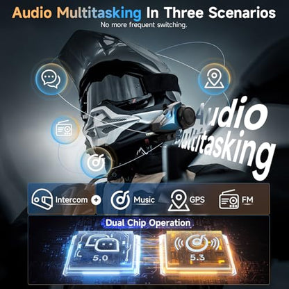 Moman Motorcycle Intercom, 2-Way Intercom Communication Systems, FM Music Sharing, Hi-Fi Stereo, CVC Noise Cancellation, Waterproof BT5.1 Group Helmet Speaker Headset, for Dirt Bike/ATV(H2E 1 Pack)