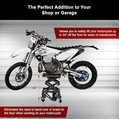 Tusk Scissor Lift Stand – Adjustable 13.75–34″ Heavy-Duty Motorcycle Lift Stand with Casters & Rubber Top Pad – Supports Up to 300 lb for Dirt Bike, ATV & UTV Maintenance