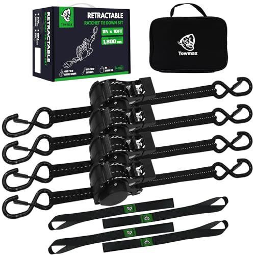 Retractable Ratchet Straps (Patented-4pack) - 1 inch x 10Feet (1,800lb Break Strength) Auto Self Retracting Tie Down Straps - Self Retractable Straps with Refletcive for Motorcyle, Truck or Cargo - color: Black, size: 4-Pack