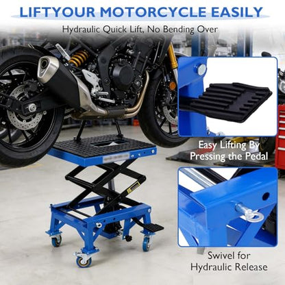 Hydraulic Motorcycle Lift Table, 350 lbs Capacity Scissor Jack Lift with Wide Deck, J-Hooks, 4 Wheels, Foot-Operated Jack Stand for ATV Dirt Bikes (Blue) - color: Blue