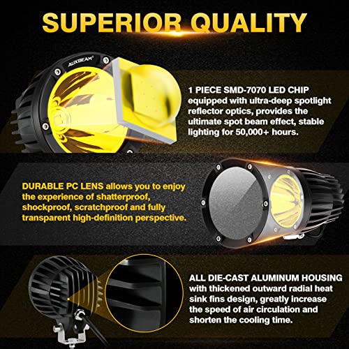Auxbeam C4 Series Round LED Pods 4-Inch 72W Amber Fog Lights 2-Pack | Yellow auxiliary light bar, Pencil beam spot lights, A-pillar bumper driving spotlight, for ATV truck car Jeep motorcycle - color: C4 Series Amber Spot Lights