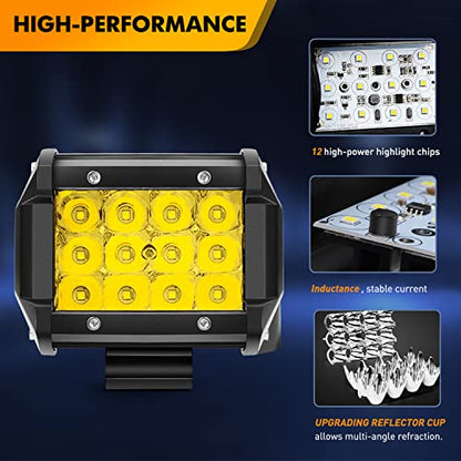 GOOACC 2PCS 4" Amber LED Pods 36W Triple Row Flood Light Bar Fog Light 3600LM Driving Lighting with 16AWG Off Road Wiring Harness-2 Leads for Truck Golf Cart SUV ATV UTV Boat, Clear,Yellow (Auto-650) - color: 2Pcs Amber LED Pods+ Wiring Harness