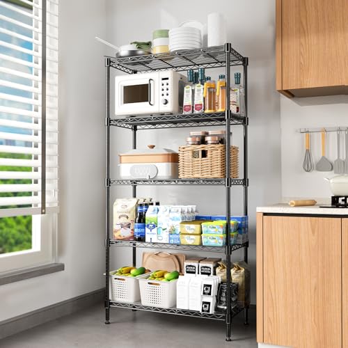 72" H Storage Shelves 5 Tier Wire Shelving with Shelf Liners, Adjustable Metal Garage Shelving, 1325LBS Heavy Duty Commercial Storage Rack for Pantry Kitchen, 35" W x 16" D x 72" H, Black - size: 35" W x 16" D x 72" H-5 Tier