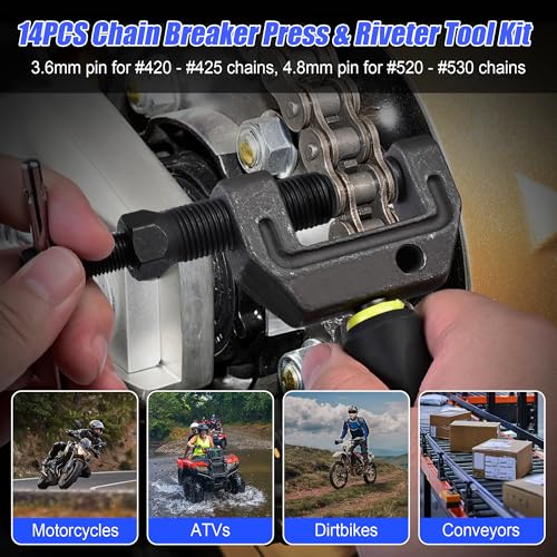 Motorcycle Chain Breaker Tool Kit,14PC Chain Cutter, Link Removal & Rivet Press Tool for 420 425 520 530 Chains, Fits Motorcycle, ATV, Dirt Bike