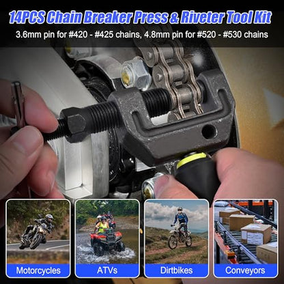 Motorcycle Chain Breaker Tool Kit,14PC Chain Cutter, Link Removal & Rivet Press Tool for 420 425 520 530 Chains, Fits Motorcycle, ATV, Dirt Bike