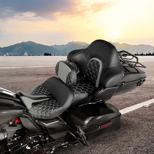 Motorcycle Sofa Extended Reach Seat, Gel Rider Cushion with Rider Backrest and King Tour Pack Trunk Backrest Pad fit for Harley Touring Road King Street Glide Road Glide Electra Glide 2014-2023 White - color: Gel Style A White Seat + 2 Backrest