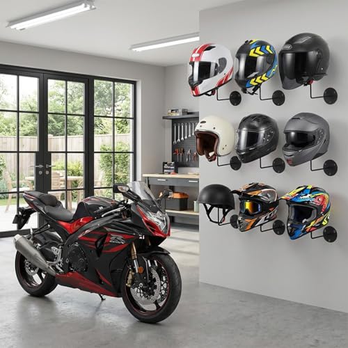 6PCS Motorcycle Helmet Rack, Metal Wall Mount Helmet Holder Stand Display Rack Multifunctional Space-Saving Ball Rack for Cap Hat Wig Riding Jacket Coat