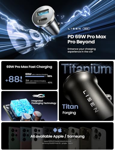 LISEN 69W Mini Cigarette Lighter Adapter Car Charger USB C Fast Charging, 12V Cigarette Lighter USB Car Charger Fast Charging Adapter, for iPhone 17 Pro Max 16 15 14 13 12 Plus Mini, Samsung S26 S25 - color: Black, size: 1 Pack