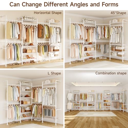 ONBRILL H4 Wall Mounted Closet System, Expandable Industrial Pipe Clothes Rack Clothing Rack for Hanging Clothes, Heavy Duty Closet Organizers and Storage in Wardrobe Closet - White - color: White