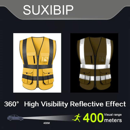 High visibility reflective safety vest multi pockets Hi-vis vest workwear safety waistcoat with reflective strips - color: Gold, size: Medium