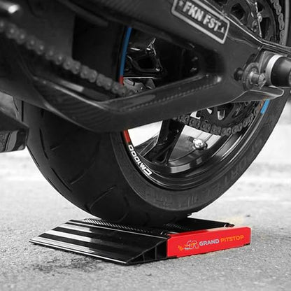 GRAND PITSTOP Motorcycle Roller Wheel Cleaning Stand - Paddock Stand Replacement - Wheel Roller Stand with Ramp Support for tire Cleaning & Chain Lubrication - (Bikes < 600 lb) - color: Black Red