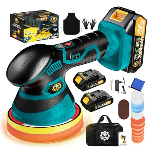 Cordless Car Buffer Polisher kit [2x 2000mAh 21V Batteries & 18 PCS Attachments] 6-Speed Orbital Design, LED Display, Lightweight Detailing Tool for Waxing, Polishing & Scratch Removal-Blue - color: Blue