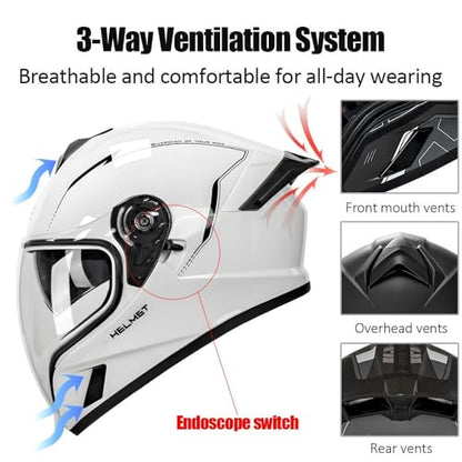 Bluetooth Full Face Motorcycle Helmet DOT Approved Modular Motorcycle Helmets with Built-in Sun Visor, Multi-Ventilation Ports, for Adults Men Women Casco Moto Hombres Mujeres - size: XL59~60CM, style: E