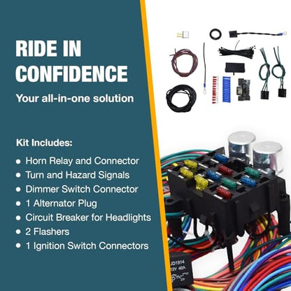 A-Team Performance 12-Circuit Universal Automotive Wiring Harness Kit - 12 Circuits Pre-Wired Fuse Block & Labeled Long Wires - Horn Relay, Headlight Relay & Turn Signal Wiring Kit