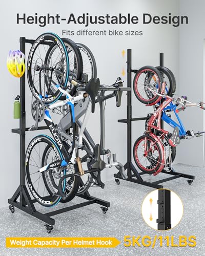 monTEK Freestanding Bike Storage Rack for 3 Bikes, Heavy Duty 210LBS Vertical Bike Stand with 3 Bike Hooks & 4 Helmet Hooks, Indoor and Outdoor Bike Storage Rack with Locking Casters - size: 3 Bike Rack