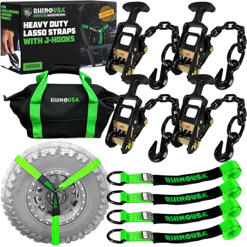 Rhino USA Car Tie Down Straps with J Hooks – 4 Pack 2" x8' – 10,000lbs Break Strength – Heavy Duty T-Handle Car Hauler Tire Lasso Wheel Straps for Trailers, UTV & Powersports – Green - color: Green, size: J-Hooks