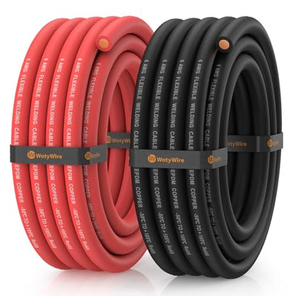 6 Gauge Wire Battery Cable, 6 AWG EPDM Welding Cable with Oxygen-Free Copper, Flexible/High Conductivity for Solar, Automotive, Battery, Inverter, RV, Marine (15 ft Red + 15 ft Black) - color: 6awg, size: 15ft