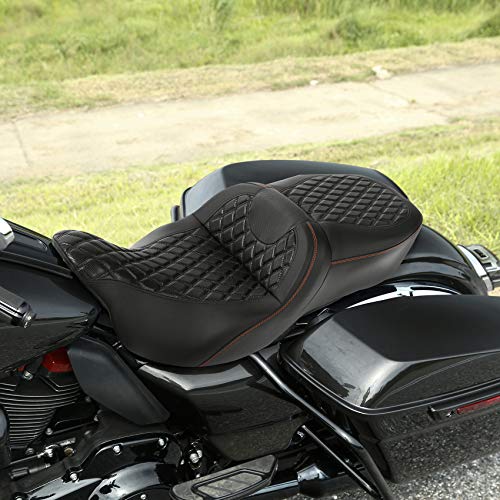 C.C. RIDER Driver Rider Passenger Seat Diamond 2-Up One-Piece Seat fit for Harley Touring Road King FLHR Street Glide FLHX Road Glide FLTRX 2009-2023 - color: 04# Brown