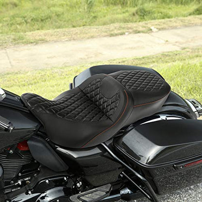 C.C. RIDER Driver Rider Passenger Seat Diamond 2-Up One-Piece Seat fit for Harley Touring Road King FLHR Street Glide FLHX Road Glide FLTRX 2009-2023 - color: 04# Brown