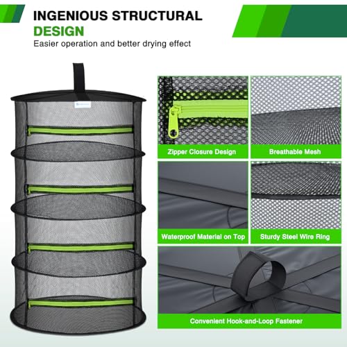 Yesker 4 Layer Herb Drying Rack Hanging Mesh Net Foldable Plant Drying Racks 24" Diameter with Green Zipper & Hook Dryer Hanging Rack for Herbs Seed Bud Fruit Clothes Grow Tent Closets Garden Outdoor - size: 4 Layers Fluorescent Green & Black with Hook