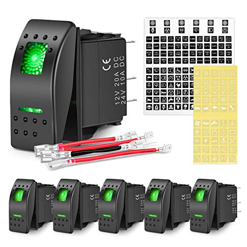 Nilight 6 Pack Rocker Switches with Night Glow Stickers 5 PIN SPST Rocker Switches with Green Backlit 12V/24V Toggle Switches for Cars Trucks RVs Boats Auto Motorcycles,2 Years Warranty - color: Green 6 PCS