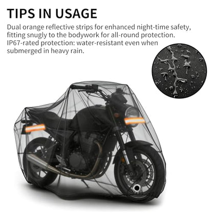 Motorcycle Cover Waterproof Outdoor,with Lock-Holes & Storage Bag,All Season Weather Sun Rain Protection Windproof Elastic Hem Night Reflective Design (104" Lx41 Wx50 H) - size: 104"Lx41"Wx50"H