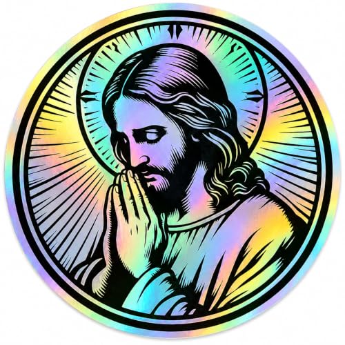 Reflective Holographic Jesus Car Sticker Christian Faith Vinyl Decal Waterproof for Car Truck Motorcycle Laptop Window Bumper Jesus Portrait Crown of Thorns Praying Hands Cross (Round Halo) - color: Round Halo