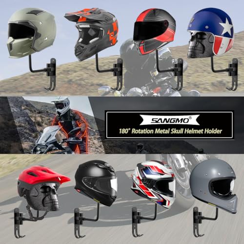 SANGMO Metal Skull Helmet Holder, Motorcycle Helmet Rack 180 Degree Rotation Wall Mount with 2 Hooks for Motorcycle Bike Baseball Rugby - Black - color: Black*1