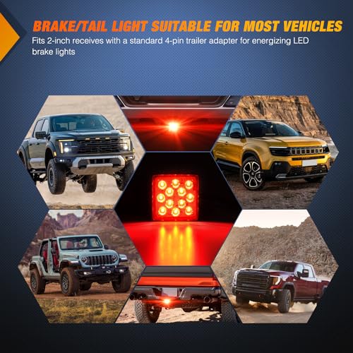 Nilight LED Brake Light Trailer Hitch Cover Square Red Lens Vehicle Tow Hitch Driving Brake Lamp 12 LEDs Brake Tail Lights with 2" Receiver for Towing Truck RV and SUV - color: LED Brake Trailer Light 1PCS
