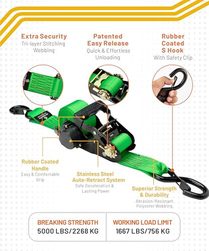 Strapinno Retractable Ratchet Tie-Down Straps,5,000 lbs Breaking Strength- 2 in x 12 ft Heavy Duty Ratchet Strap with Safety Lock S Hooks for Motorcycles, ATVs, UTVs, Lawn Equipment & Cargo (Green) - color: Green