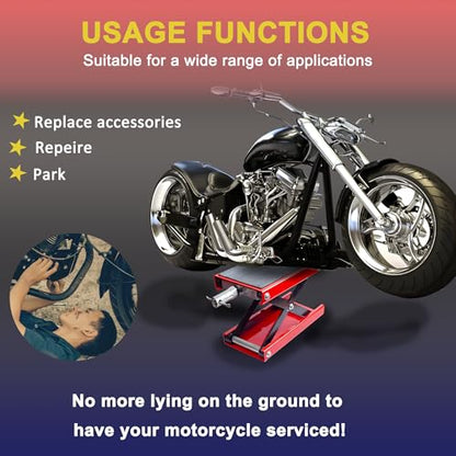 Motorcycle Lift Scissor Jack, Motorbike Jack with 1100lb Capacity Wide Deck Motorcycle Center Stand, Steel Scissor Jack for Street Bikes, Cruiser Bikes, Touring Motorcycles, Red