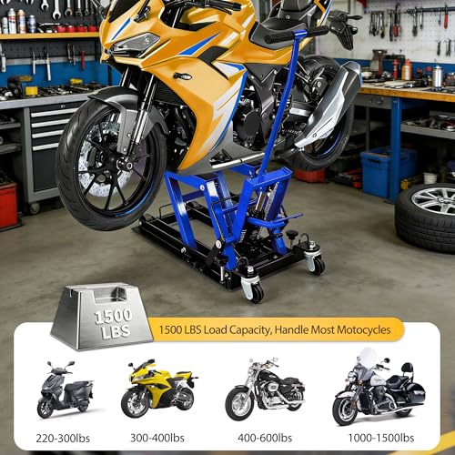 1500 Lbs Hydraulic Moto Lift, Foot-Operated, 3-Speed Lock & Belts, Blue | 1500 Lbs Hydraulic Moto Lift, Foot-Operated Jack, 9.4"-14" Height, 3-Speed Lock, 2 Ratchet Belts, for ATV/UTV - color: Blue
