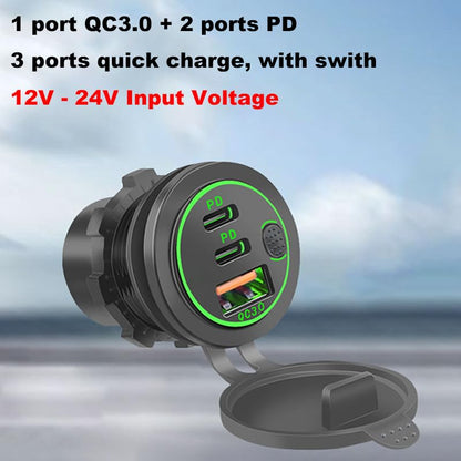 3 Ports 18W USB Car Charger with Switch, 12-24V QC 3.0 USB & Dual PD USB C Cigarette Lighter Socket Outlet, Dashboard Mount Quick Charger for Car Motorcycle Truck Marine Boat, Red Light - color: Red Light