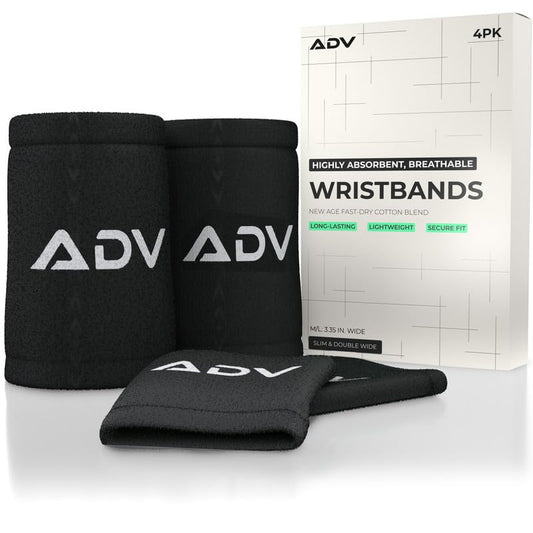 ADV Tennis Wristbands with New Age Polyester Cotton Blend - Ultra Absorbent Wrist Sweatbands - Doublewide & Slim Wrist Bands for Sweat - 4 Pack or 2 Pack - color: 4-Pack Black, size: Medium-Large
