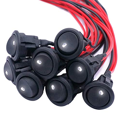 Twidec/8Pcs SPST Round Dot Lighted Rocker Switch Toggle Control for Car Or Boat 20A 12V DC On/Off White LED Light with Pre-soldered Wires KCD2-102N-W-X - color: White LED-Round