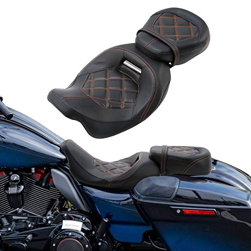 Low-Profile Driver Seat Pillion Leather Passenger Pad Seat Fit for Harley Street Glide Road Glide Road King Ultra Limited 2009-2023 - color: Seat Orange